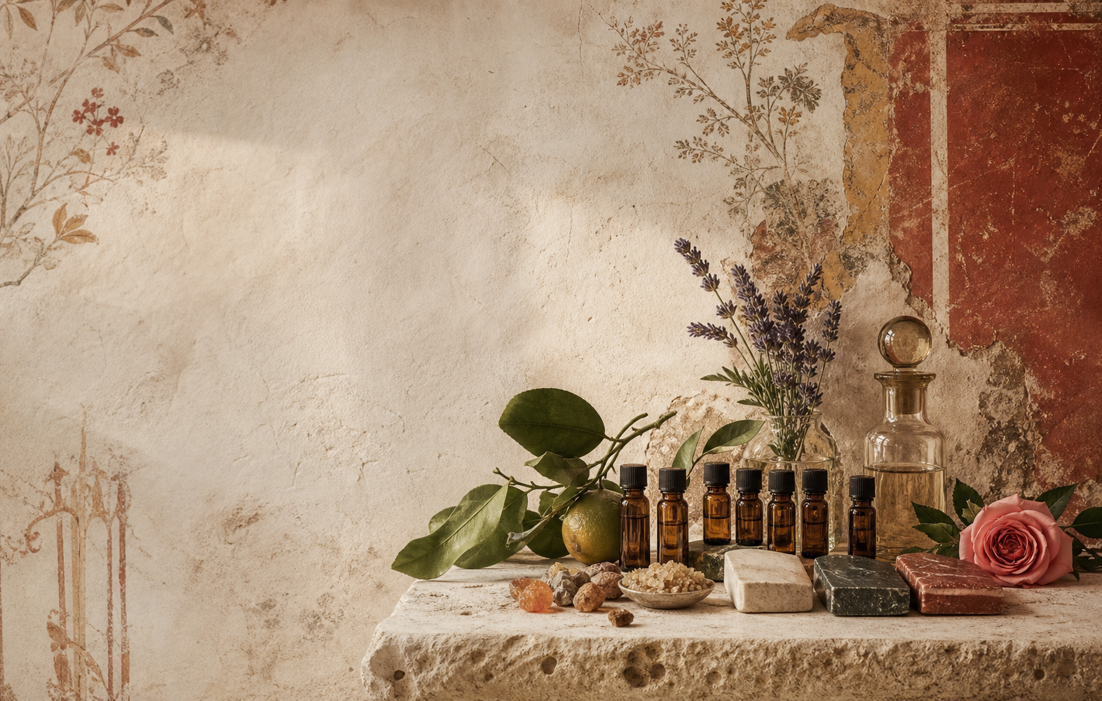 Roman-inspired apothecary still life with amber scent vials, botanicals, and fresco plaster